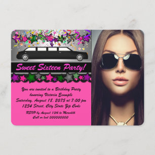 Svart Limo Hot Pink Svart Foto Sweet 16 Fest Inbjudningar