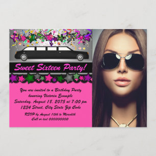 Svart Limo Hot Pink Svart Foto Sweet 16 Fest Inbjudningar