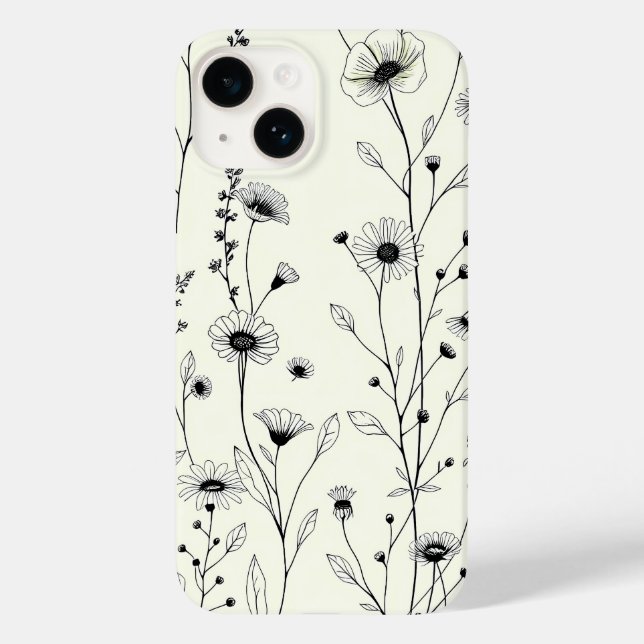 Svart Linje Konst Blommig Krämfärgad iPhone Fodral (Baksida)