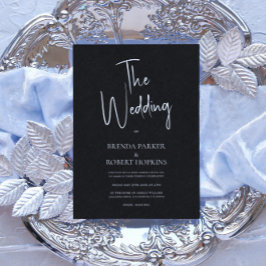 Svart linne Simple White Script Wedding Investigat Inbjudningar