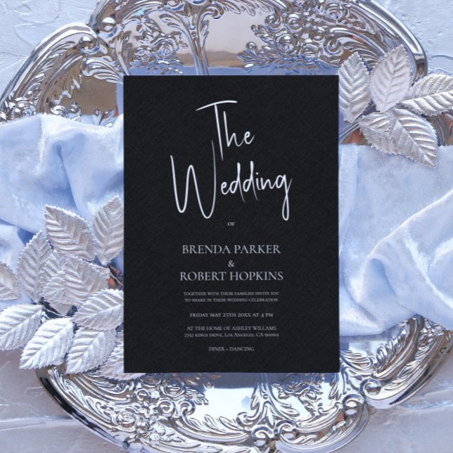 Svart linne Simple White Script Wedding Investigat Inbjudningar (Skapare uppladdad)