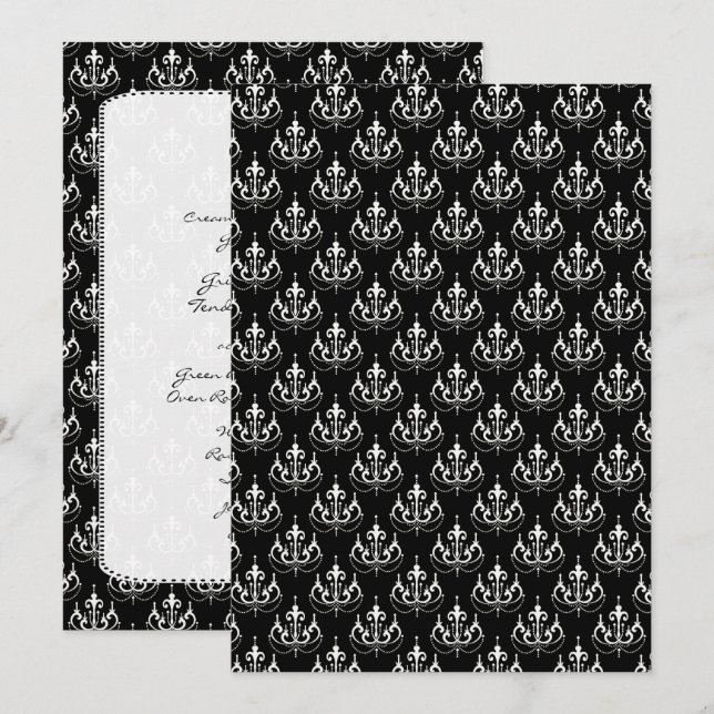 Svart Ljuskrona Damask Bröllopsmeny Meny (Fram/baksida)