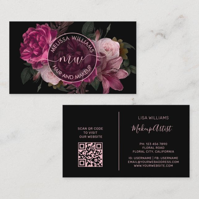 Svart logotyp med rosa peonyblomma visitkort (Fram/baksida)