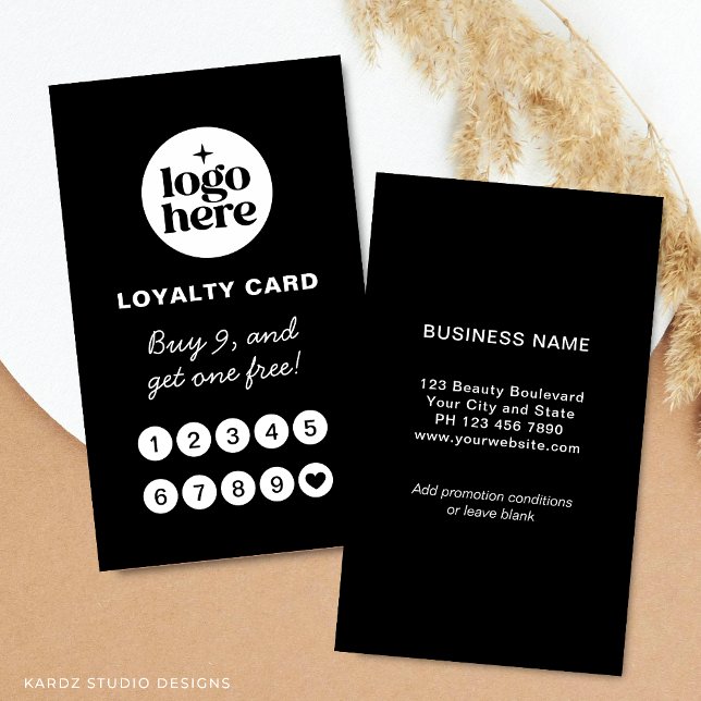 Svart Logotyp Professionell Lojalitetskort (Front and back of loyalty card is shown in 3.5 x 2 in. Choose size, paper and corner style.)