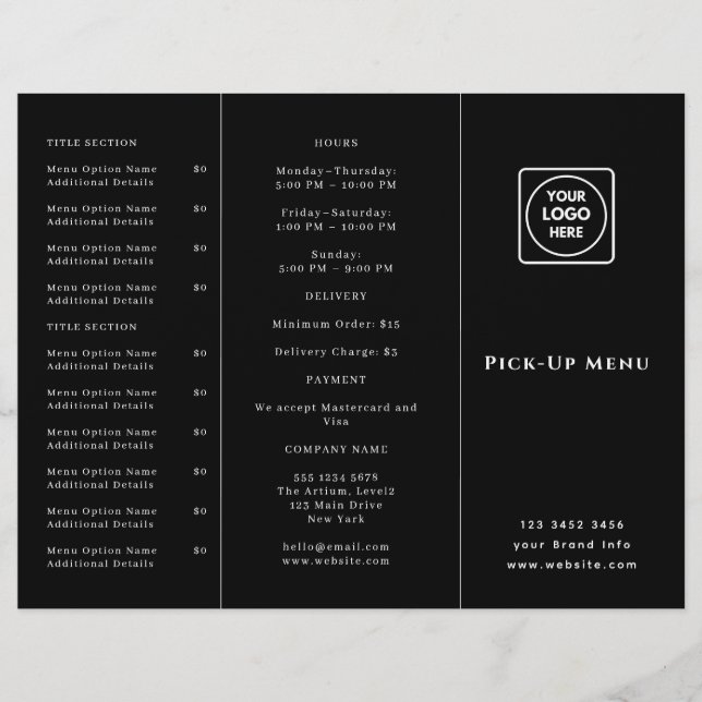 Svart Logotyp Takeaway Meny | Anpassad Restaurang  (Framsida)