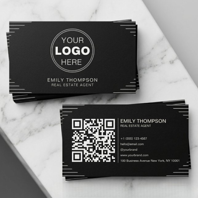 Svart Lyx Art Deco QR-kod Minimalistisk Design Visitkort (Black Luxury Art Deco QR Code Minimal Design Business Card)