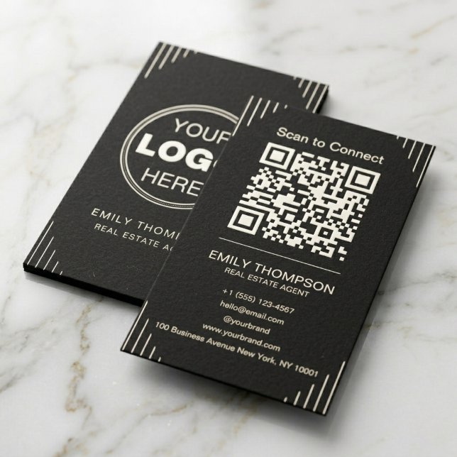 Svart Lyx Art Deco QR-kod Minimalistisk Design Visitkort (Black QR Code Business Card | Minimalist Art Deco Branding)