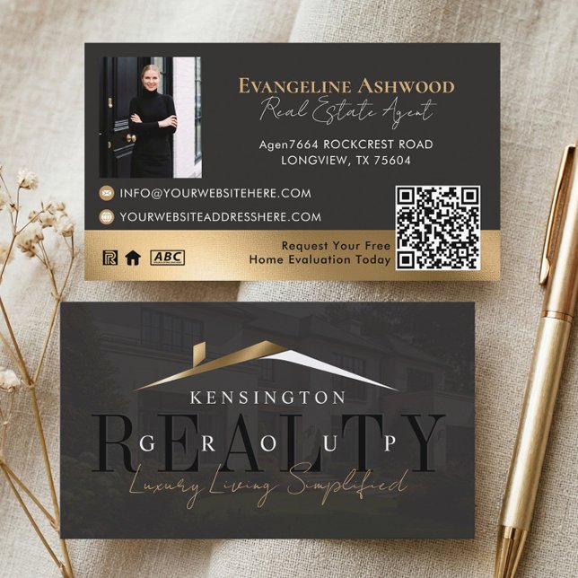 Svart lyxfastighetsmäklare foto visitkort (Black Gold Luxury Home Real Estate Agent Photo Business Card)