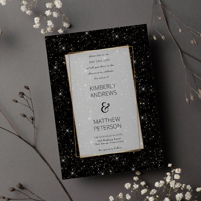 Svart lyxglam guld glitter konetti Bröllop Inbjudningar (Luxury black glam gold glitter confetti Wedding )