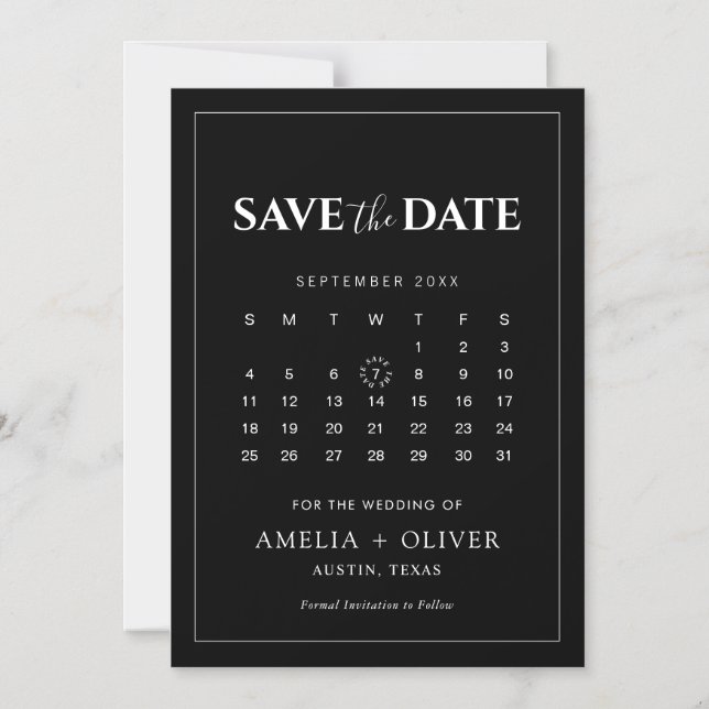 Svart Magnetkalender Minimalistisk Spara Datum Magnetisk Inbjudningskort (Framsida)