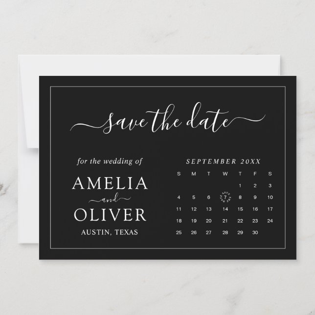 Svart Magnetkalender Minimalistisk Spara Datum Magnetisk Inbjudningskort (Framsida)