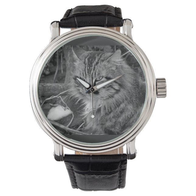 Svart Maine Coon Katt Armbandsur (Framsida)