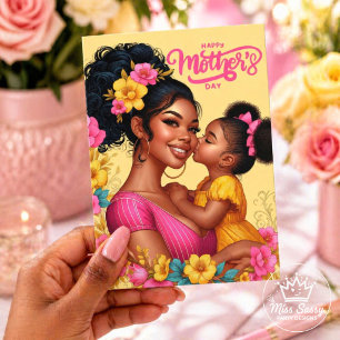 Svart Mamma Dotter Rosa Gul Blommig Mors Dag Kort