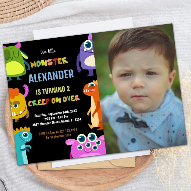Svart måndagsinbjudan med foto inbjudningar (Monster Birthday Invitations Black with photo)