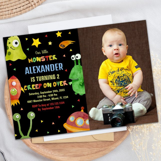 Svart måndagsinbjudan med foto inbjudningar (Monster Birthday Invitations Black with photo)