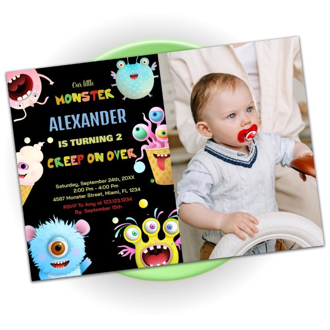 Svart måndagsinbjudan med foto inbjudningar (Monster Birthday Invitations Black with photo)