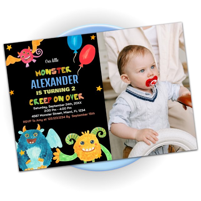 Svart måndagsinbjudan med foto inbjudningar (Monster Birthday Invitations Black with photo)