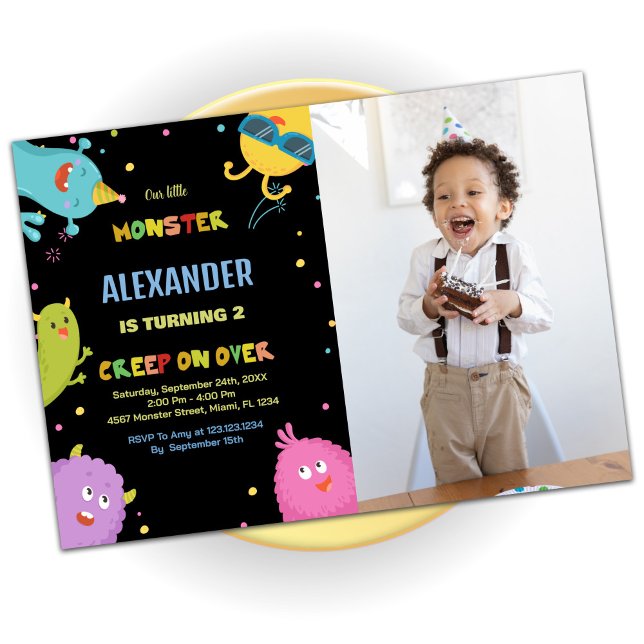 Svart måndagsinbjudan med foto inbjudningar (Monster Birthday Invitations Black with photo)