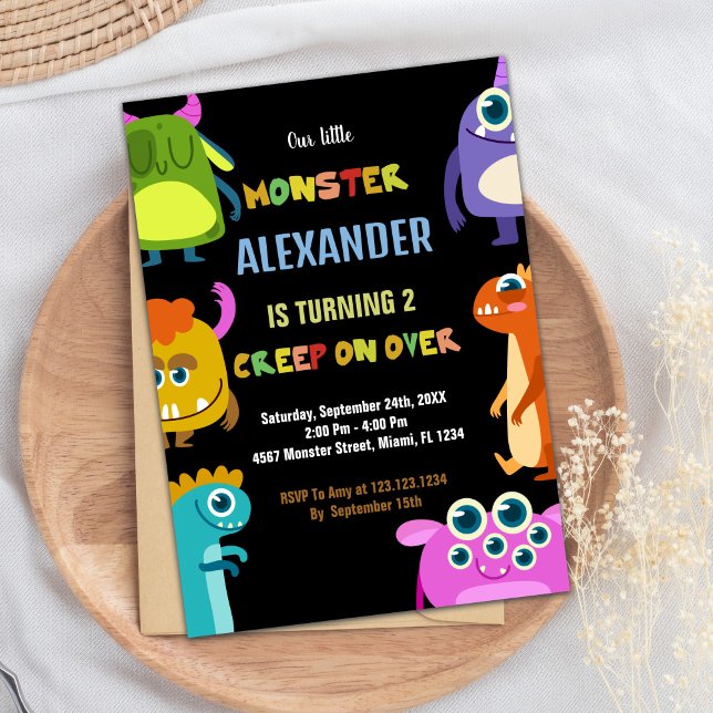 Svart måndagsinbjudan Svart Inbjudningar (Monster Birthday Invitations Black)