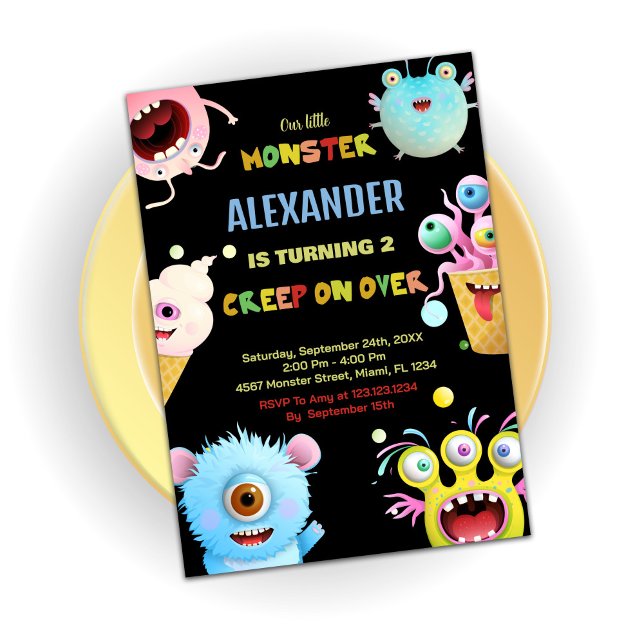 Svart måndagsinbjudan Svart Inbjudningar (Monster Birthday Invitations Black)