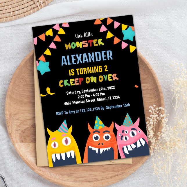 Svart måndagsinbjudan Svart Inbjudningar (Monster Birthday Invitations Black)