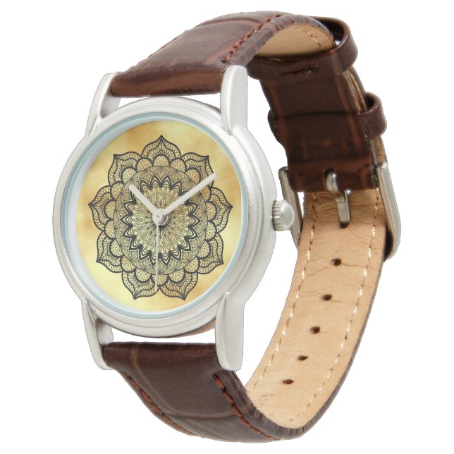 Svart Mandala på mjuk guldbakgrund Armbandsur (Vinklad)