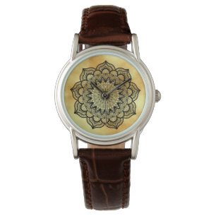 Svart Mandala på mjuk guldbakgrund Armbandsur
