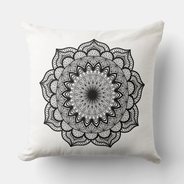 Svart Mandala på vit bakgrund Kudde (Framsida)