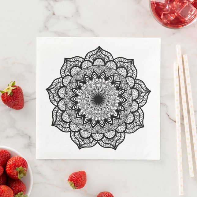 Svart Mandala på vit bakgrund Pappersservett (Insitu)