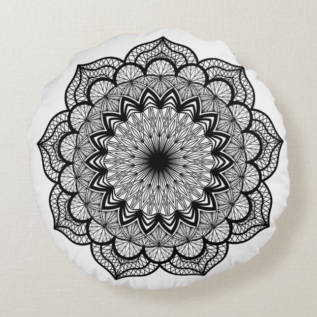 Svart Mandala på vit bakgrund Rund Kudde (Baksidan)