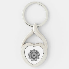 Svart Mandala på vit bakgrund Twisted Heart Silverfärgad Nyckelring