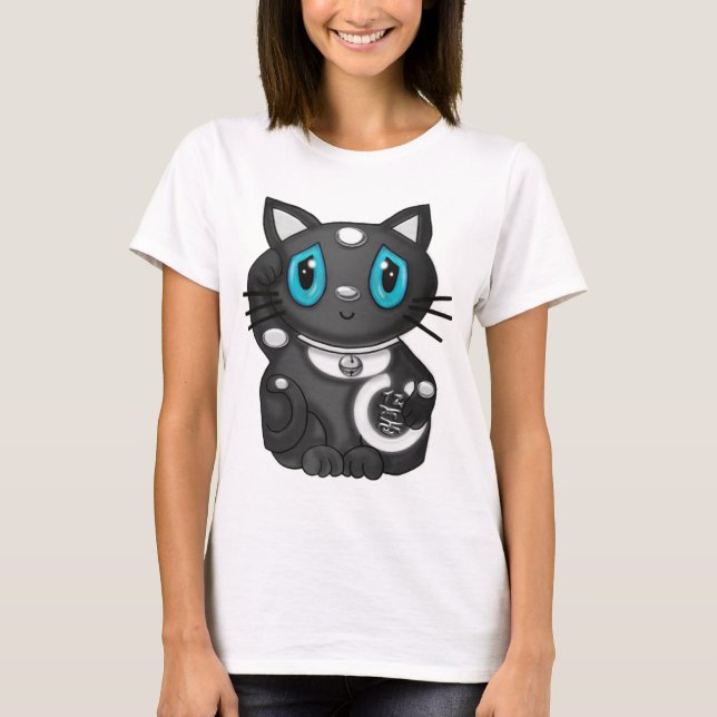 Svart Maneki Neko Bekoning lycka tillkatt Tee (Framsida)