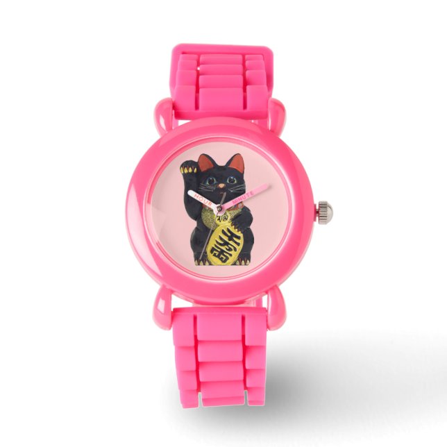 Svart Maneki Neko Katt Armbandsur (Framsida)