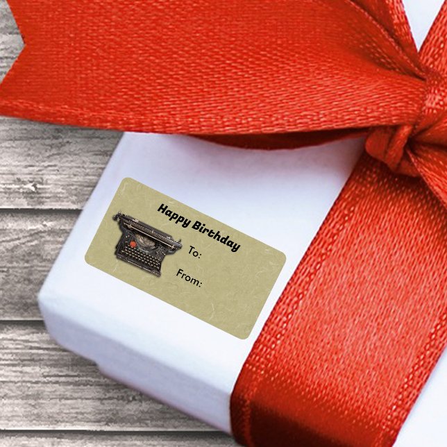 Svart manuell skrivmaskin på Tan Writer Birthday Adressetikett (Black manual vintage typewriter Happy Birthday tan gift sticker tag.)
