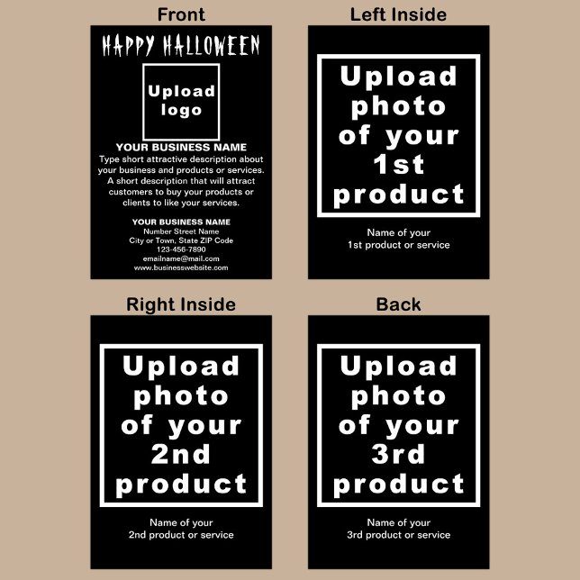 Svart, mappat visitkort för Business Halloween Kort (Black Halloween folded greeting card with your business brand and products or services.)