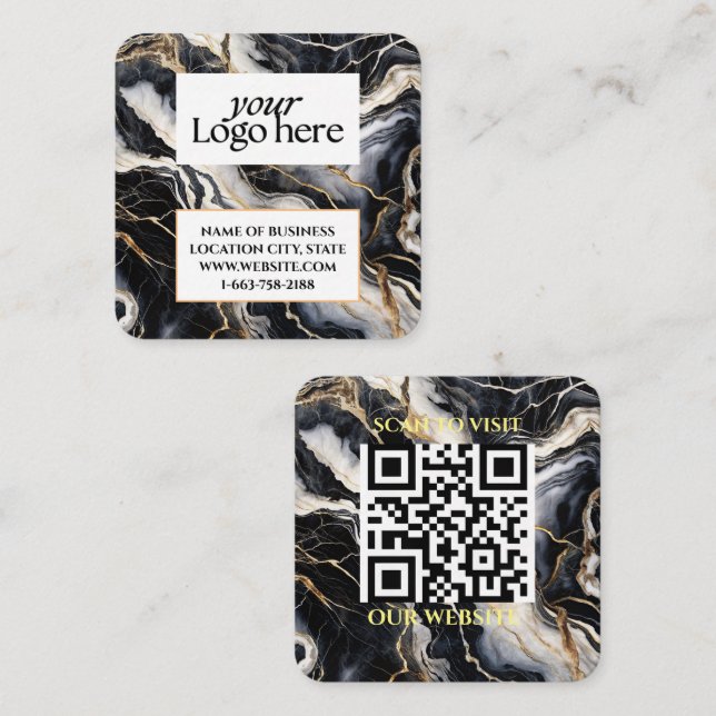 Svart marble Anpassningsbar Logotyp och QR-kod Fyrkantigt Visitkort (Fram/baksida)