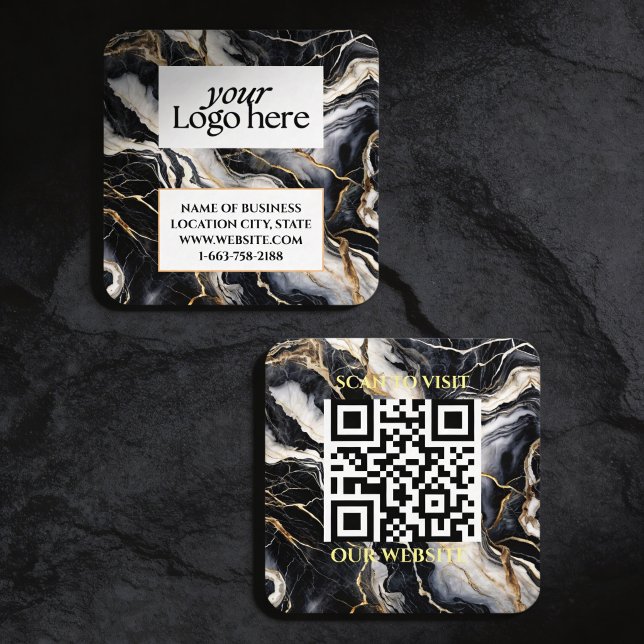 Svart marble Anpassningsbar Logotyp och QR-kod Fyrkantigt Visitkort (Skapare uppladdad)