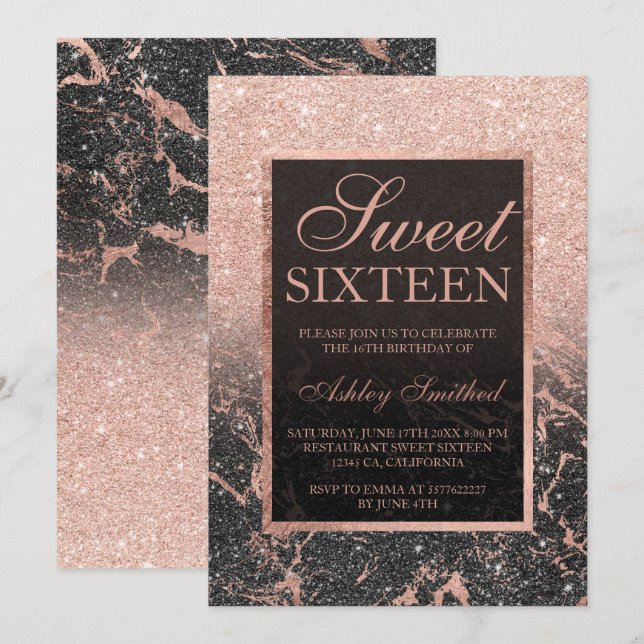 Svart marble chic ro guld glitter Sweet 16 Inbjudningar (Fram/baksida)