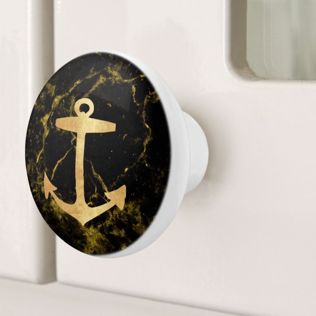 Svart marble Golden Anchor, Nautisk kuststrand Knopp (Nautical Coastal Beach Black Marble Golden Anchor Ceramic Knob)