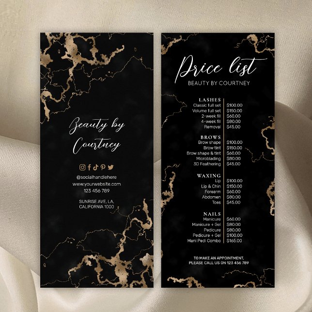 Svart Marble & Guld Elegant Salon Pris List-meny Reklamkort (Skapare uppladdad)