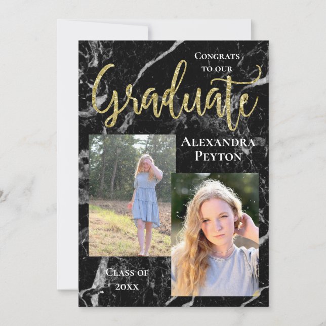 Svart Marble Guld-skript, foto Studenten Inbjudningar (Framsida)