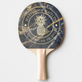 Svart Marmor & Guld Ananas Bröllopskam & Namn Pingisracket