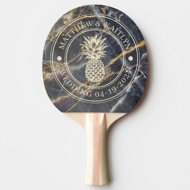 Svart Marmor & Guld Ananas Bröllopskam & Namn Pingisracket (Framsidan)