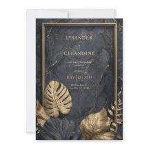 Svart Marmor Guld Monstera Tropisk Modern Bröllop