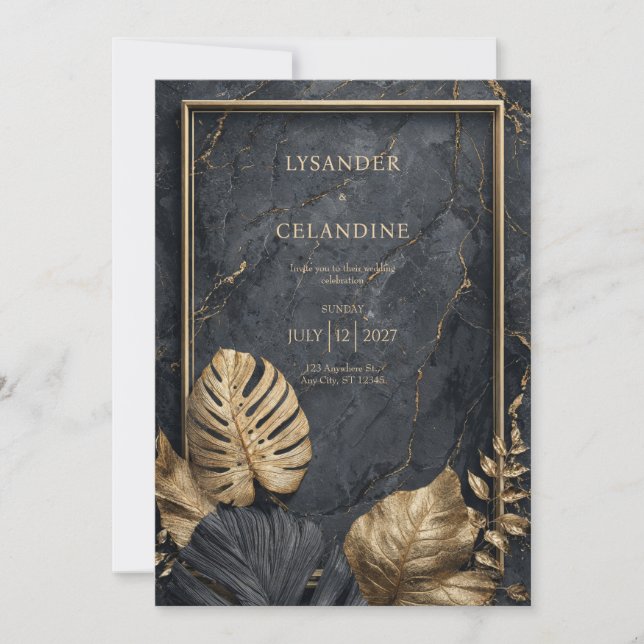 Svart Marmor Guld Monstera Tropisk Modern Bröllop Inbjudningar (Framsida)