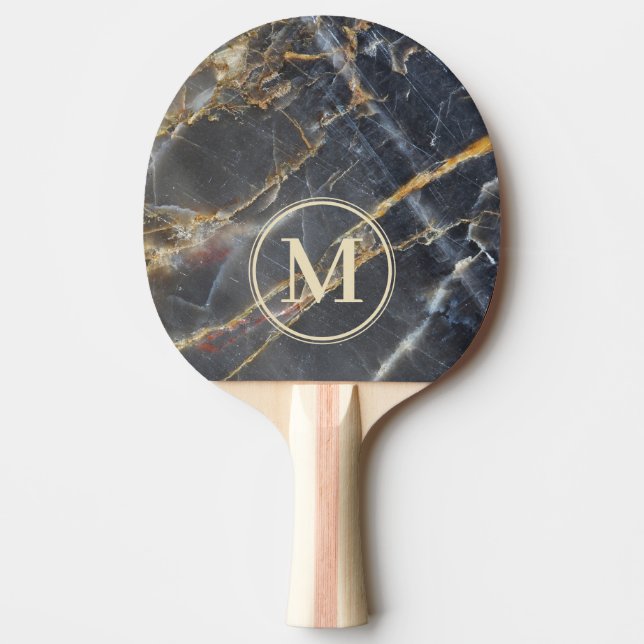 Svart marmor & guld stens stenmonogram pingisracket (Framsidan)