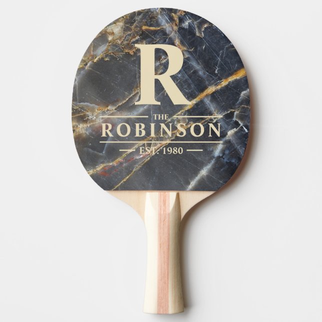 Svart marmor & Guld stentryckt efternamn & initial Pingisracket (Framsidan)