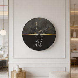 Svart marmor guldmonogram rund klocka