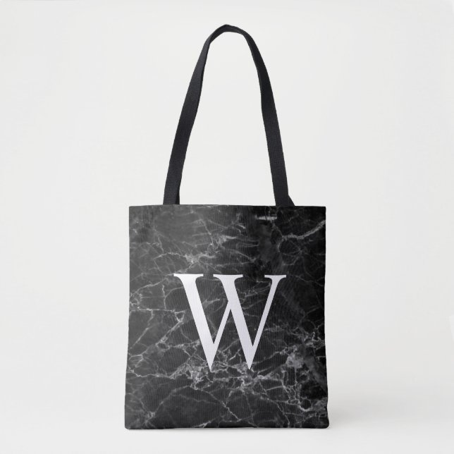 Svart marmor initial monogram handväska tygkasse (Framsida)