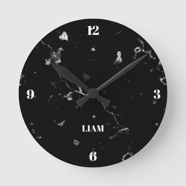 Svart marmor med vitt korn rund klocka (Framsida)
